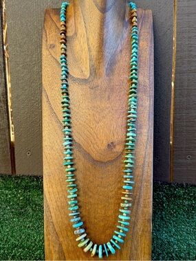 Long Sterling Silver Graduated Blue Green Turquoise Bead Necklace. 32 inch
